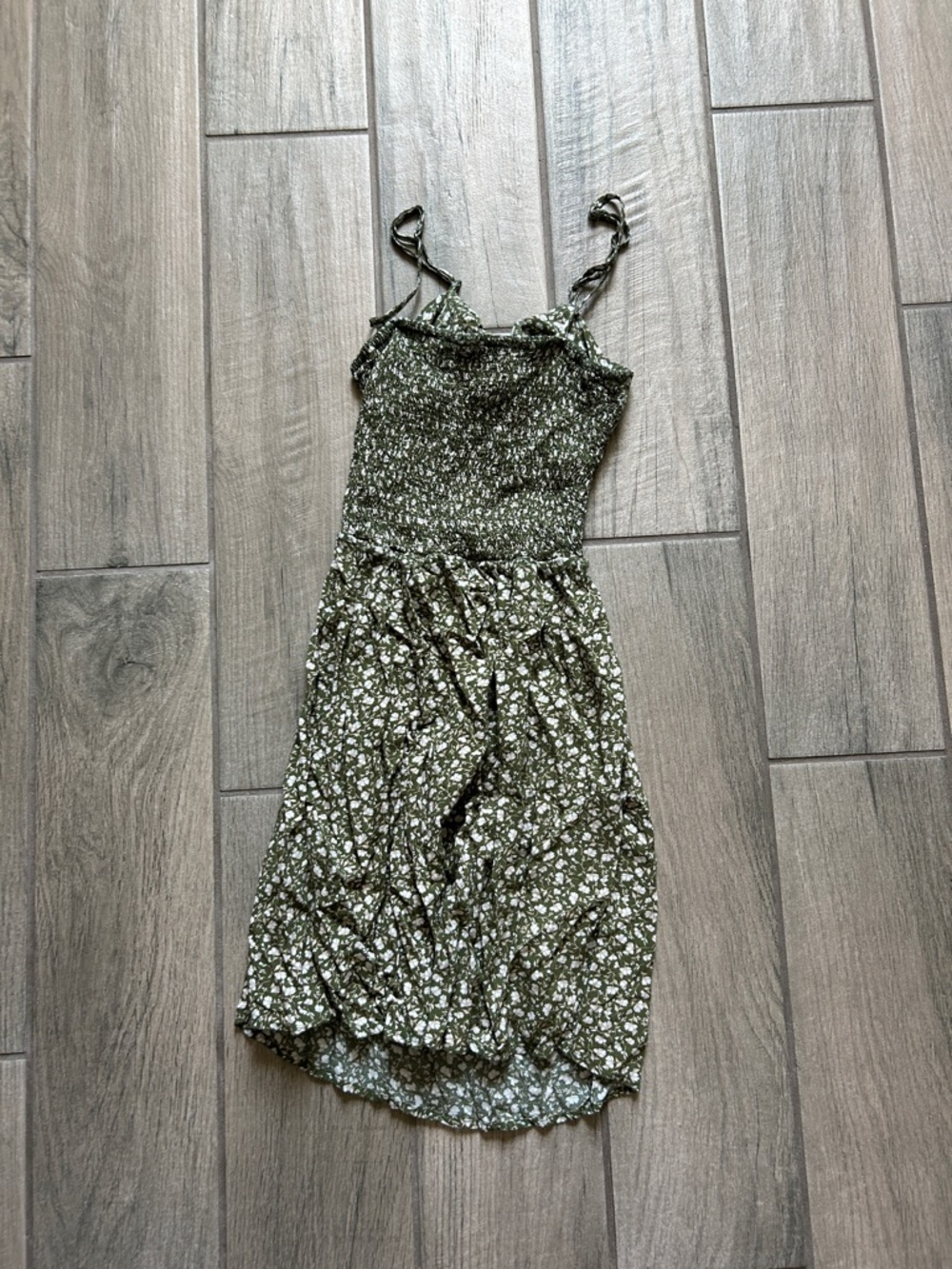 Smocked Olive Floral Mini Dress with Tie Straps